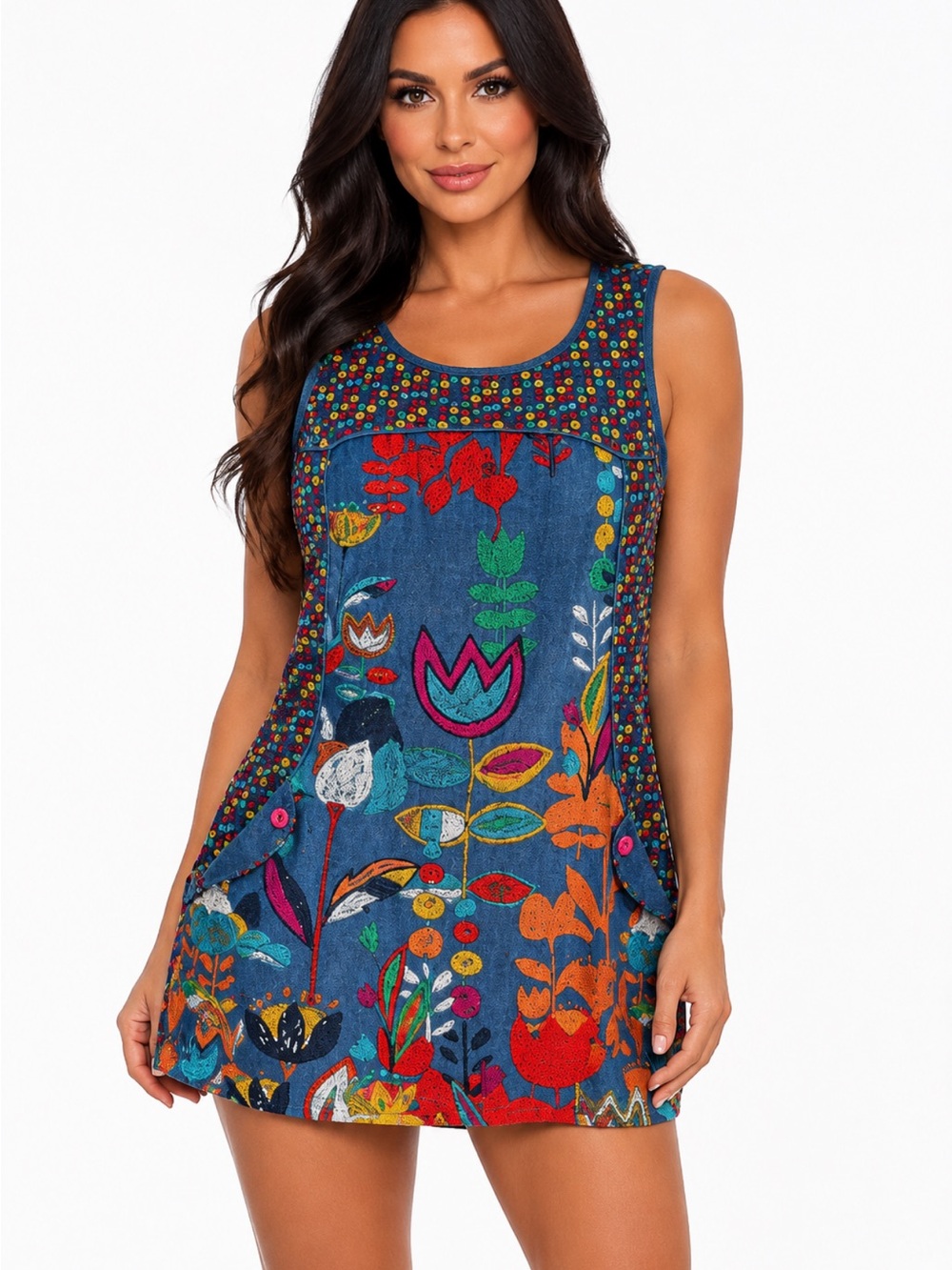 Pura Vida Indigo Floral graphic printed KNIT Sleeveles dress medium